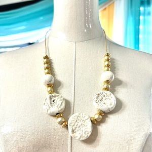 White & Gold Beaded Beads Stone Mermaid Sea Life Shells Necklace